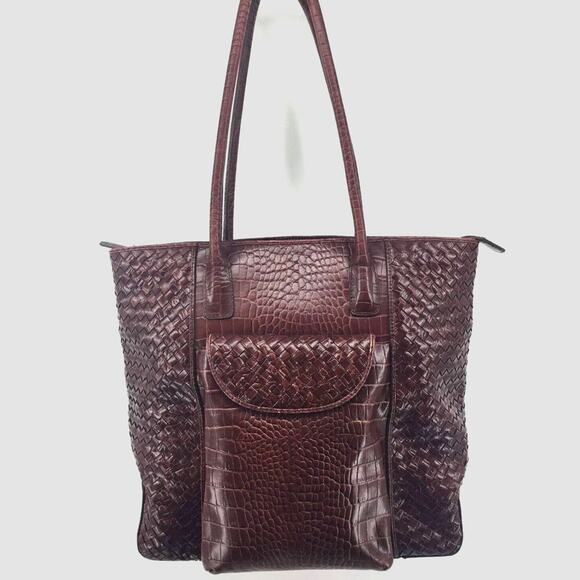 Carla Mancini Woven Croc Leather Tote Bag Brown 12" Vintage Italian Handbag - Picture 1 of 5